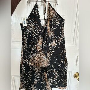 Veronica M Deep Blue and Tan Halter Jumpsuit